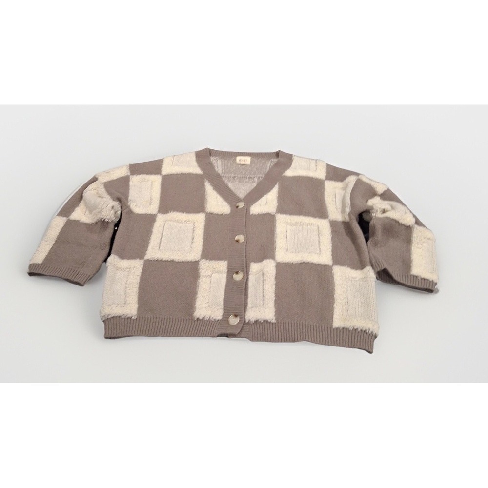 BIBI Taupe White Checkered Textured‎ Fuzzy Button Front Cardigan Sweater Medium